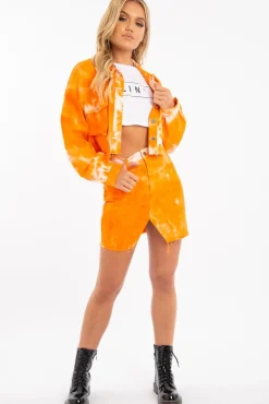 Rebellious Fashion Orange Tie Dye Denim Jacket Skirt Co-ord - Aadya