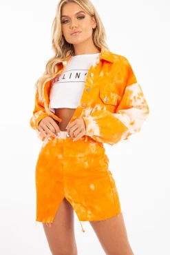 Rebellious Fashion Orange Tie Dye Denim Jacket Skirt Co-ord - Aadya