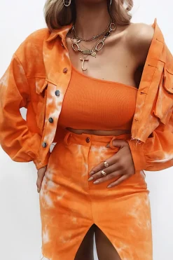 Rebellious Fashion Orange Tie Dye Denim Jacket Skirt Co-ord - Aadya