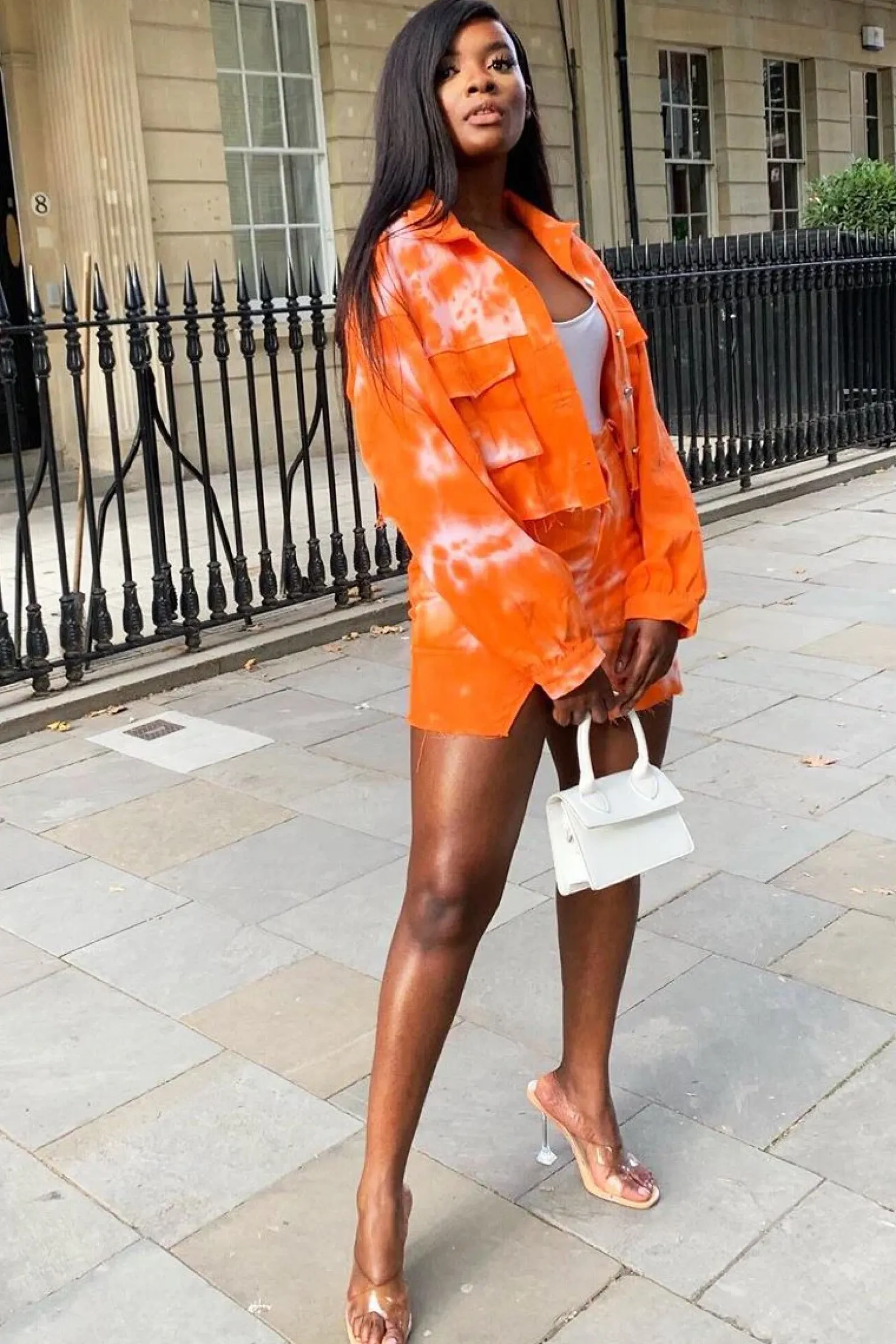 Rebellious Fashion Orange Tie Dye Denim Jacket Skirt Co-ord - Aadya