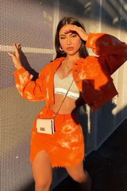 Rebellious Fashion Orange Tie Dye Denim Jacket Skirt Co-ord - Aadya