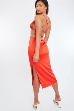 Rebellious Fashion Orange Tie Wrap Around Satin Crop Top & Skirt Co-Ord - Aalaysia