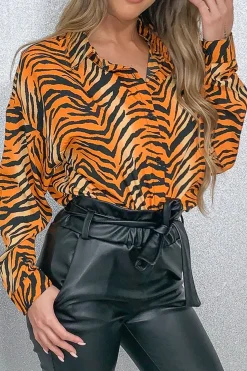 Rebellious Fashion Orange Tiger Print Button Down Shirt - Katy