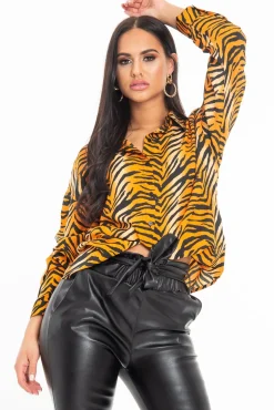 Rebellious Fashion Orange Tiger Print Button Down Shirt - Katy