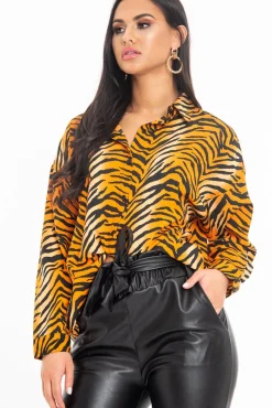Rebellious Fashion Orange Tiger Print Button Down Shirt - Katy