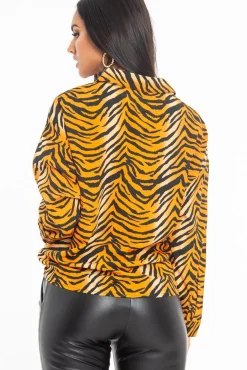 Rebellious Fashion Orange Tiger Print Button Down Shirt - Katy