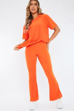 Rebellious Fashion Orange Towelling T- Shirt & Flare Trouser Set - Tania