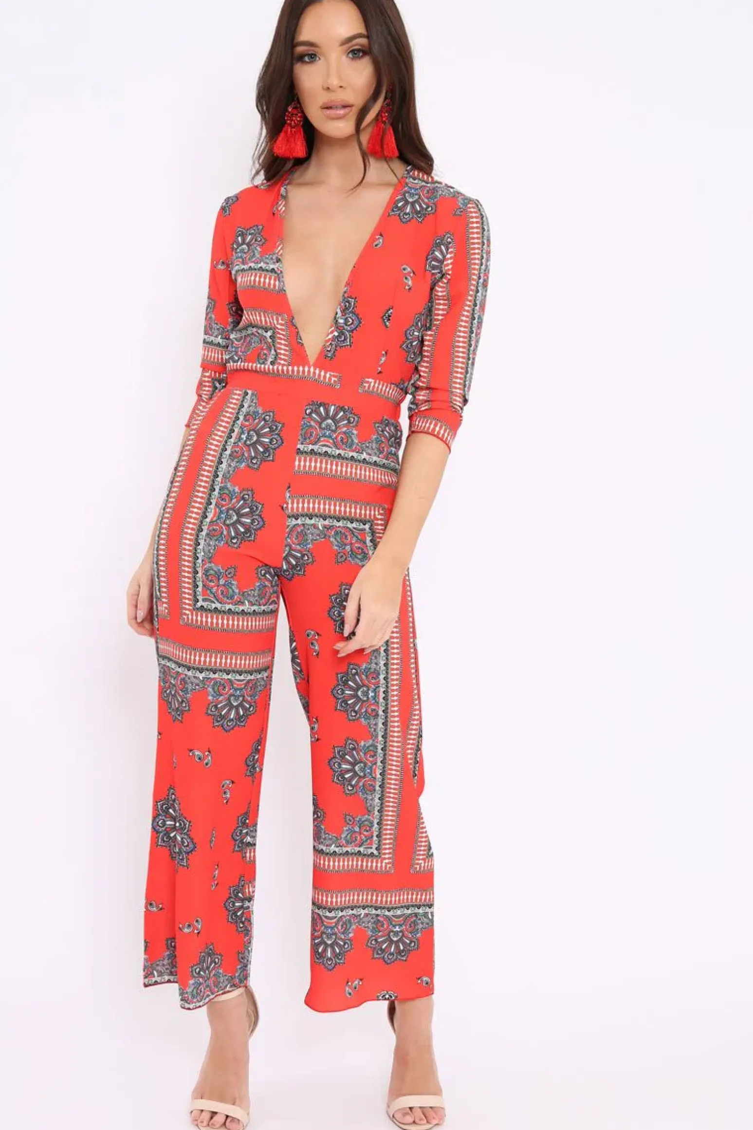 Rebellious Fashion Orange V-Plunge Scarf Print Jumpsuit - Tyler