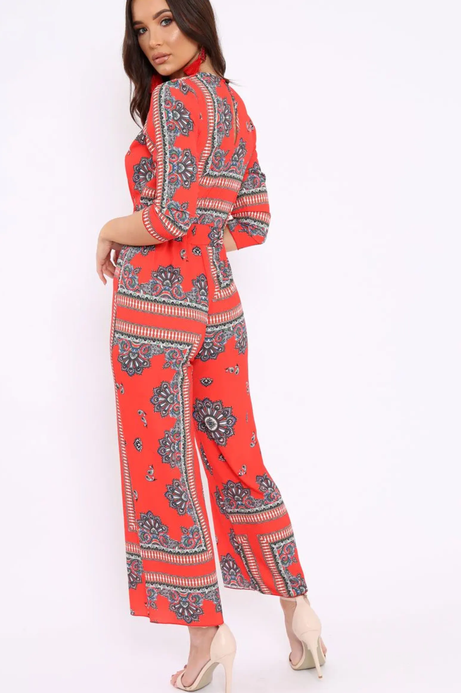 Rebellious Fashion Orange V-Plunge Scarf Print Jumpsuit - Tyler