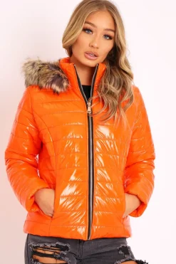 Rebellious Fashion Orange Wet Look Puffer Coat - Soph