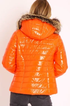 Rebellious Fashion Orange Wet Look Puffer Coat - Soph