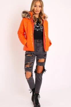 Rebellious Fashion Orange Wet Look Puffer Coat - Soph