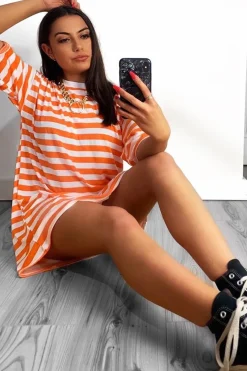 Rebellious Fashion Orange White Striped Oversized T Shirt Dress - Lacie