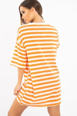 Rebellious Fashion Orange White Striped Oversized T Shirt Dress - Lacie