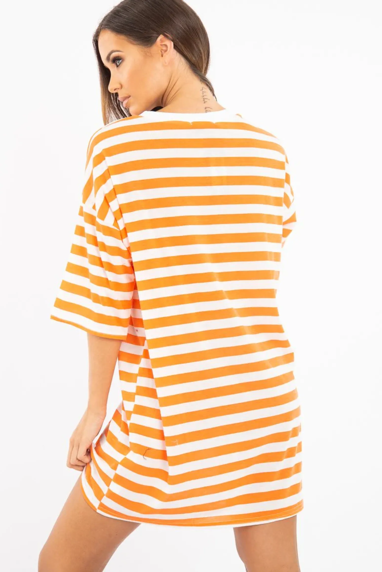 Rebellious Fashion Orange White Striped Oversized T Shirt Dress - Lacie