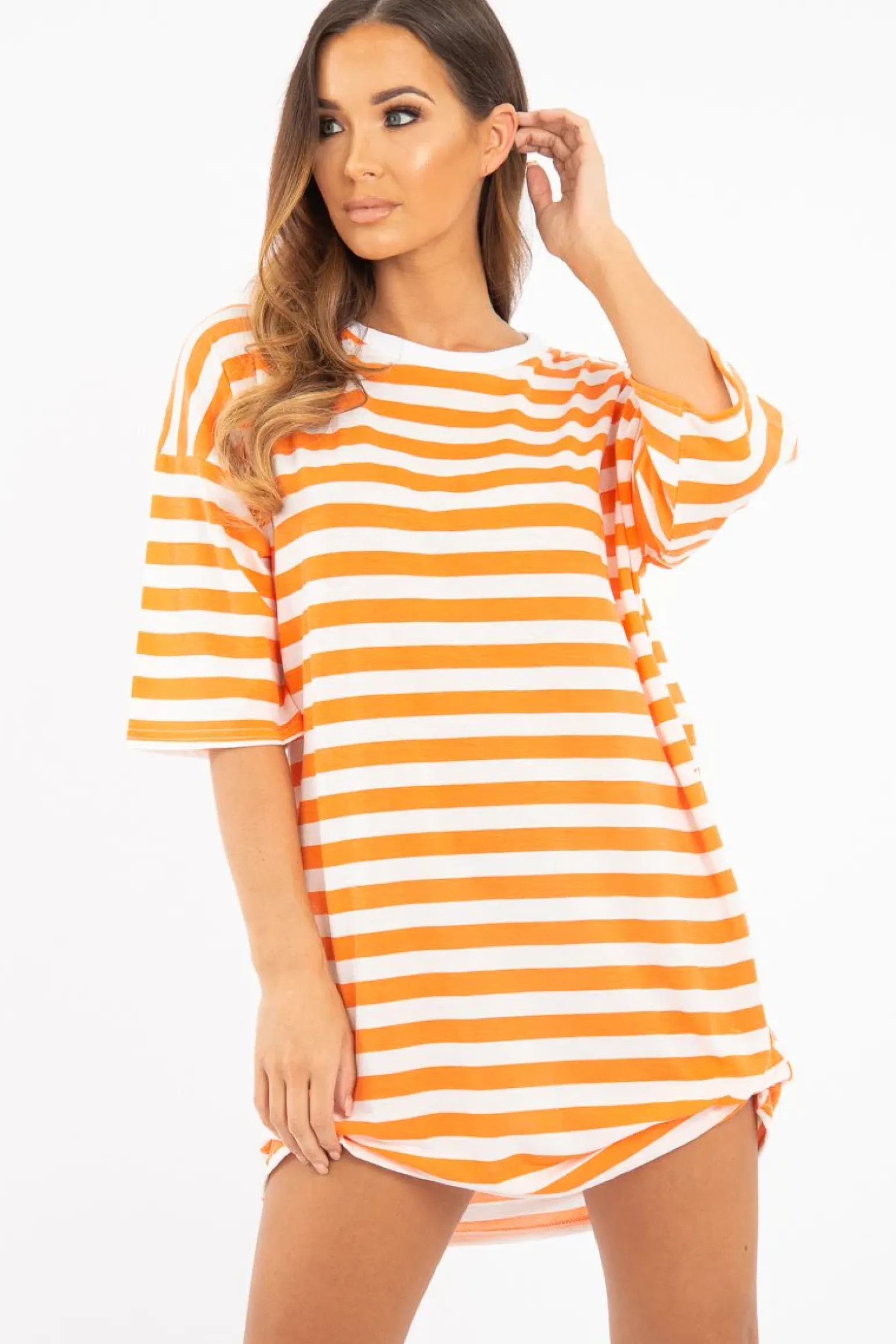 Rebellious Fashion Orange White Striped Oversized T Shirt Dress - Lacie