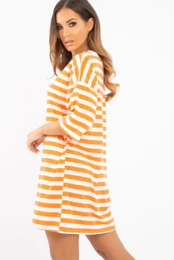 Rebellious Fashion Orange White Striped Oversized T Shirt Dress - Lacie