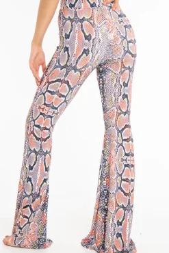 Rebellious Fashion Orange Yellow Black Snake Print Flared Trousers - Mianna