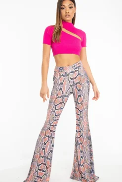 Rebellious Fashion Orange Yellow Black Snake Print Flared Trousers - Mianna