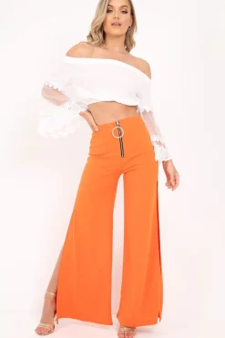 Rebellious Fashion Orange Zip Front High Waisted Flare Trousers - Gerta