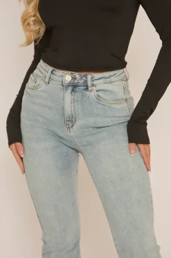Rebellious Fashion Pale Blue High Waist Kick Flare Frayed Hem Denim Jeans - Aspen