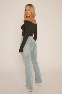 Rebellious Fashion Pale Blue High Waist Kick Flare Frayed Hem Denim Jeans - Aspen