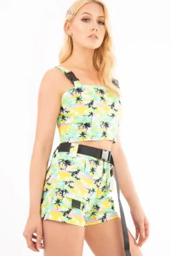 Rebellious Fashion Palm Tropical Print Utility Crop Top Shorts Co-ord - Tala