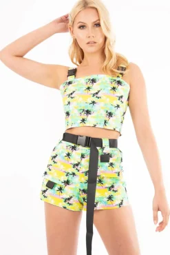 Rebellious Fashion Palm Tropical Print Utility Crop Top Shorts Co-ord - Tala