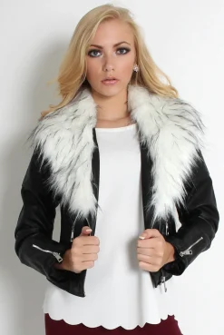 Rebellious Fashion Paloma Faux Leather Black/White Fur Jacket
