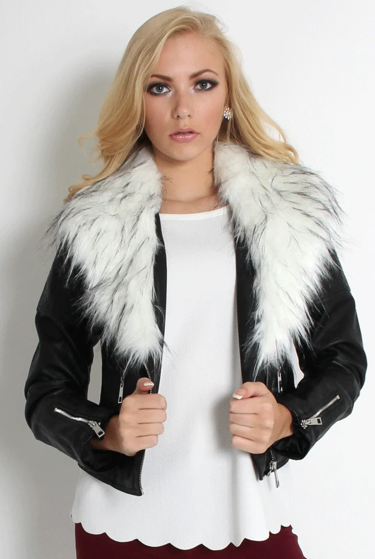 Rebellious Fashion Paloma Faux Leather Black/White Fur Jacket