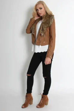 Rebellious Fashion Paloma Faux Leather Tan Fur Jacket