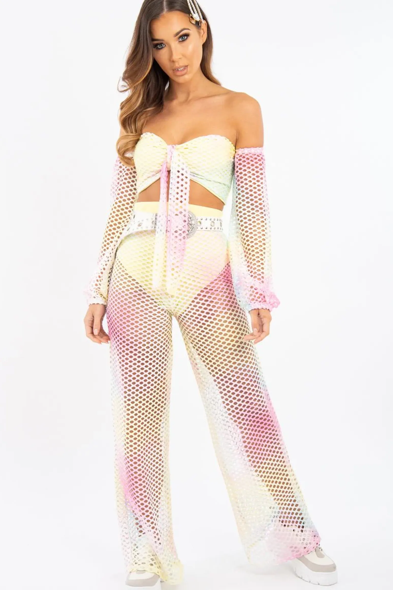 Rebellious Fashion Pastel Fish Net Crop Tie Top and Trousers Co-ord - Misa
