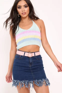 Rebellious Fashion Pastel Striped Knitted Halterneck Crop Top - Palyn