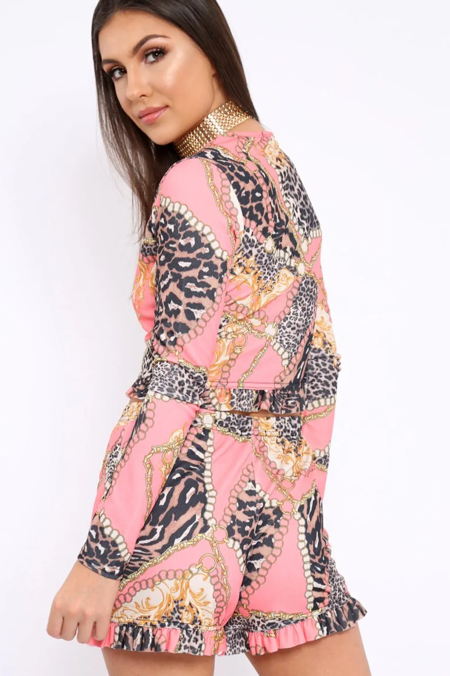 Rebellious Fashion Peach & Leopard Frill Chain Print Co-Ord - Haidy