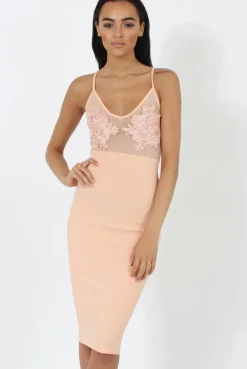 Rebellious Fashion Peach Applique Mesh Bodycon Dress - Tallulah