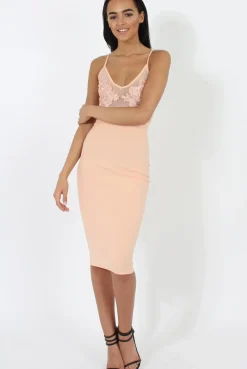 Rebellious Fashion Peach Applique Mesh Bodycon Dress - Tallulah