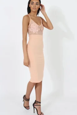 Rebellious Fashion Peach Applique Mesh Bodycon Dress - Tallulah