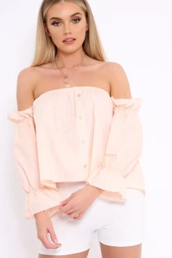 Rebellious Fashion Peach Button Up Bardot Crop Top - LuLu