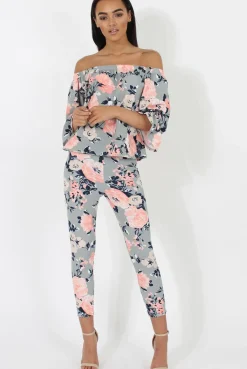 Rebellious Fashion Peach Floral Off The Shoulder Co-ord- Lydia