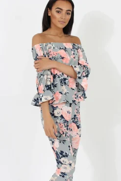 Rebellious Fashion Peach Floral Off The Shoulder Co-ord- Lydia