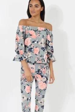 Rebellious Fashion Peach Floral Off The Shoulder Co-ord- Lydia