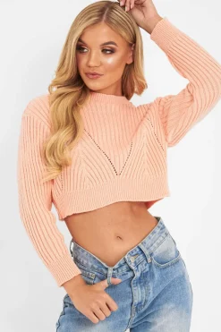 Rebellious Fashion Peach Knit Detail Crop Jumper - Kiana