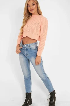 Rebellious Fashion Peach Knit Detail Crop Jumper - Kiana