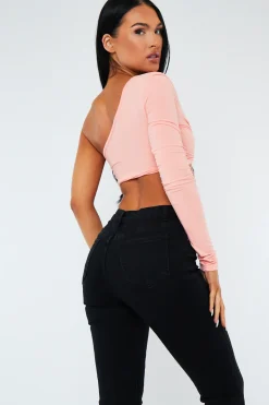 Rebellious Fashion Peach Knot Front One Sleeve Crop Top - Yeliz