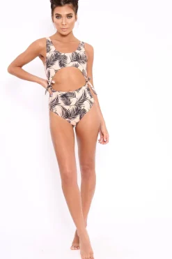 Rebellious Fashion Peach Palm Tree Print Cut Out Middle Swimsuit - Damyia