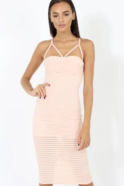 Rebellious Fashion Peach Ribbed Mesh Harness Midi Dress - Alma