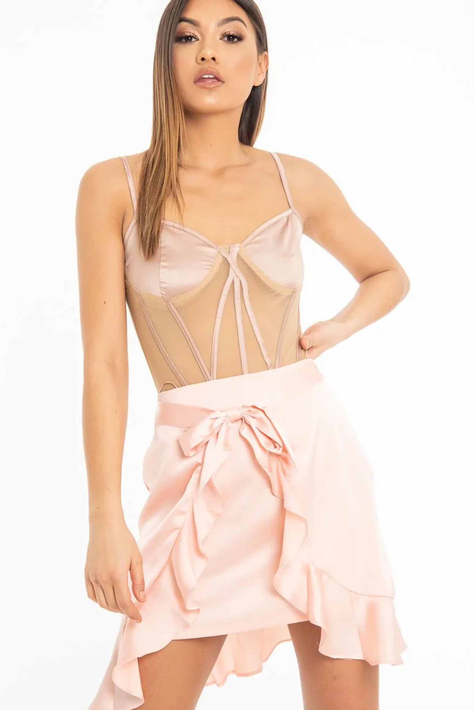Rebellious Fashion Peach Satin Ruffle Wrap Mini Skirt - Shania