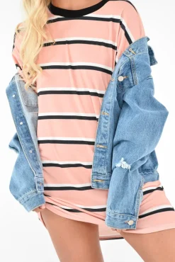 Rebellious Fashion Peach White Stripe Oversized T-Shirt Dress - Rayelle