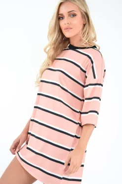 Rebellious Fashion Peach White Stripe Oversized T-Shirt Dress - Rayelle