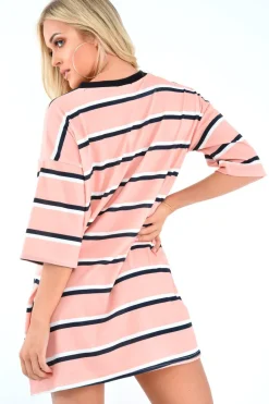 Rebellious Fashion Peach White Stripe Oversized T-Shirt Dress - Rayelle